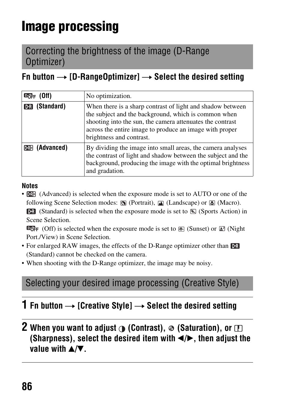 Image processing, Correcting the brightness of the image (d-range, Optimizer) | E (86), Zer (86), Er (86) | Sony DSLR-A290 User Manual | Page 86 / 162