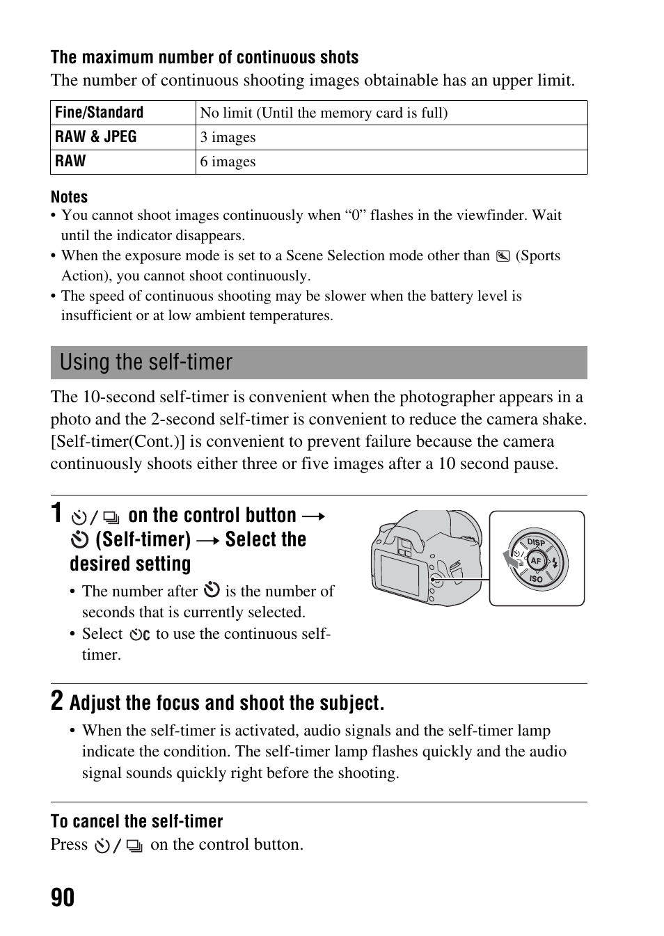 Using the self-timer, Mp (90), Adjust the focus and shoot the subject | Sony DSLR-A290 User Manual | Page 90 / 162