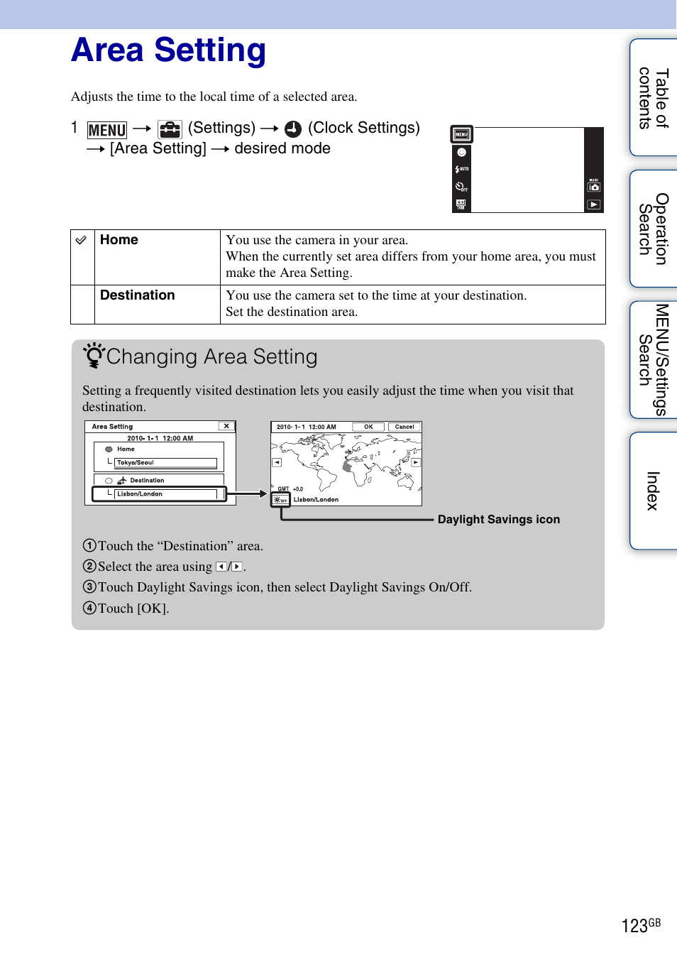 Area setting, Changing area setting | Sony DSC-T99 User Manual | Page 123 / 160