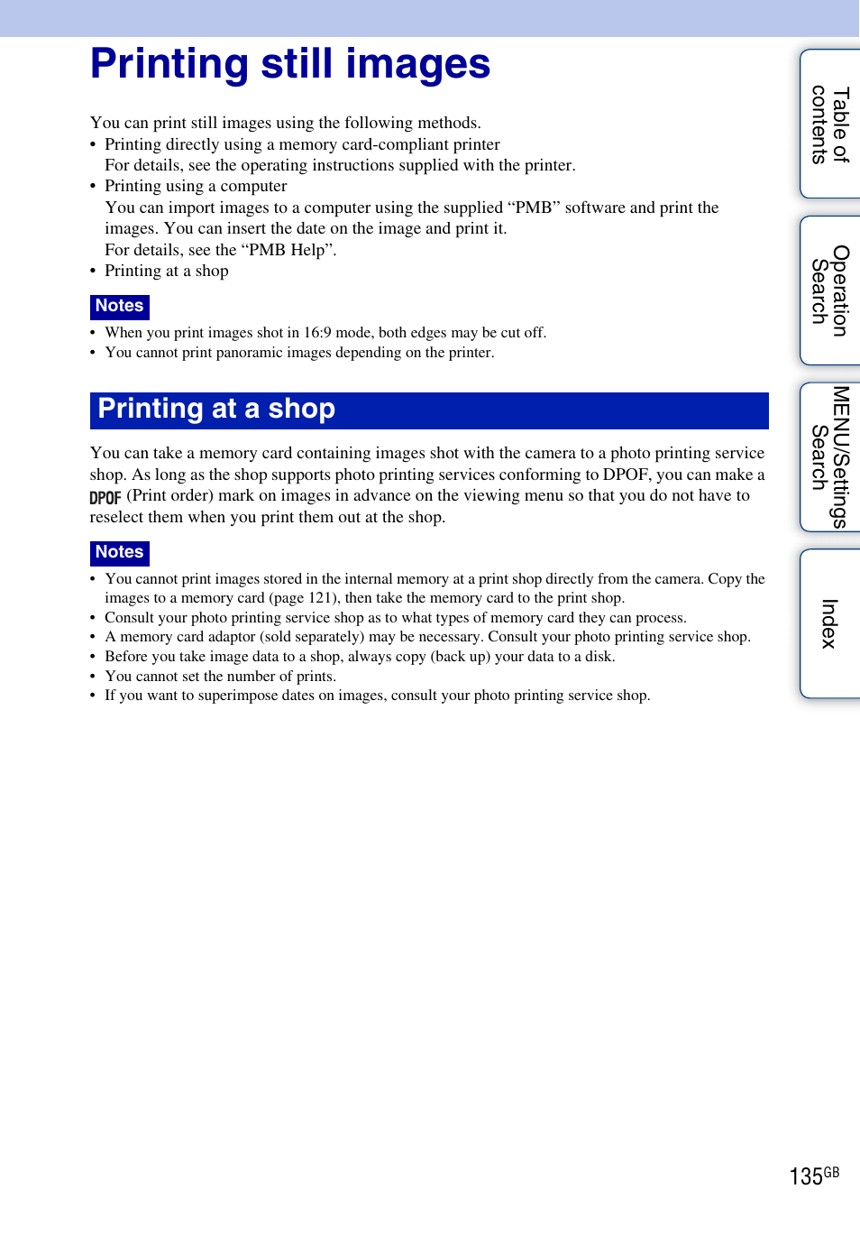Printing still images, Printing at a shop | Sony DSC-T99 User Manual | Page 135 / 160