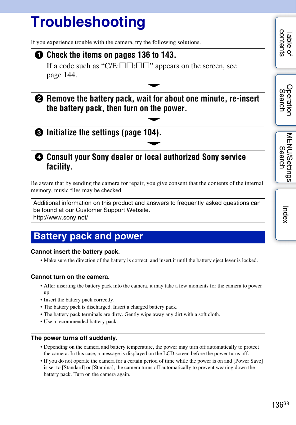 Troubleshooting, Battery pack and power | Sony DSC-T99 User Manual | Page 136 / 160
