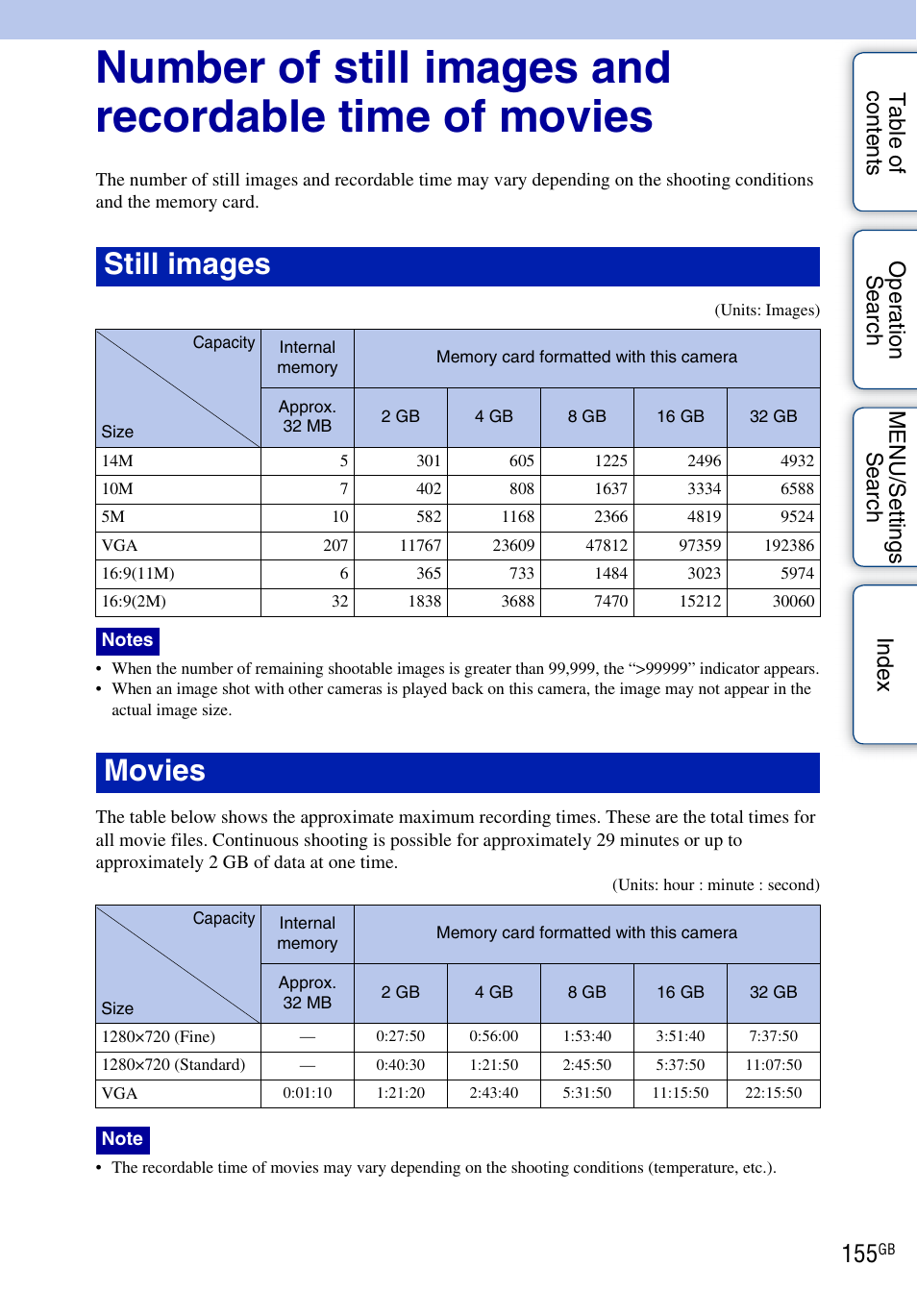 Still images, Movies | Sony DSC-T99 User Manual | Page 155 / 160