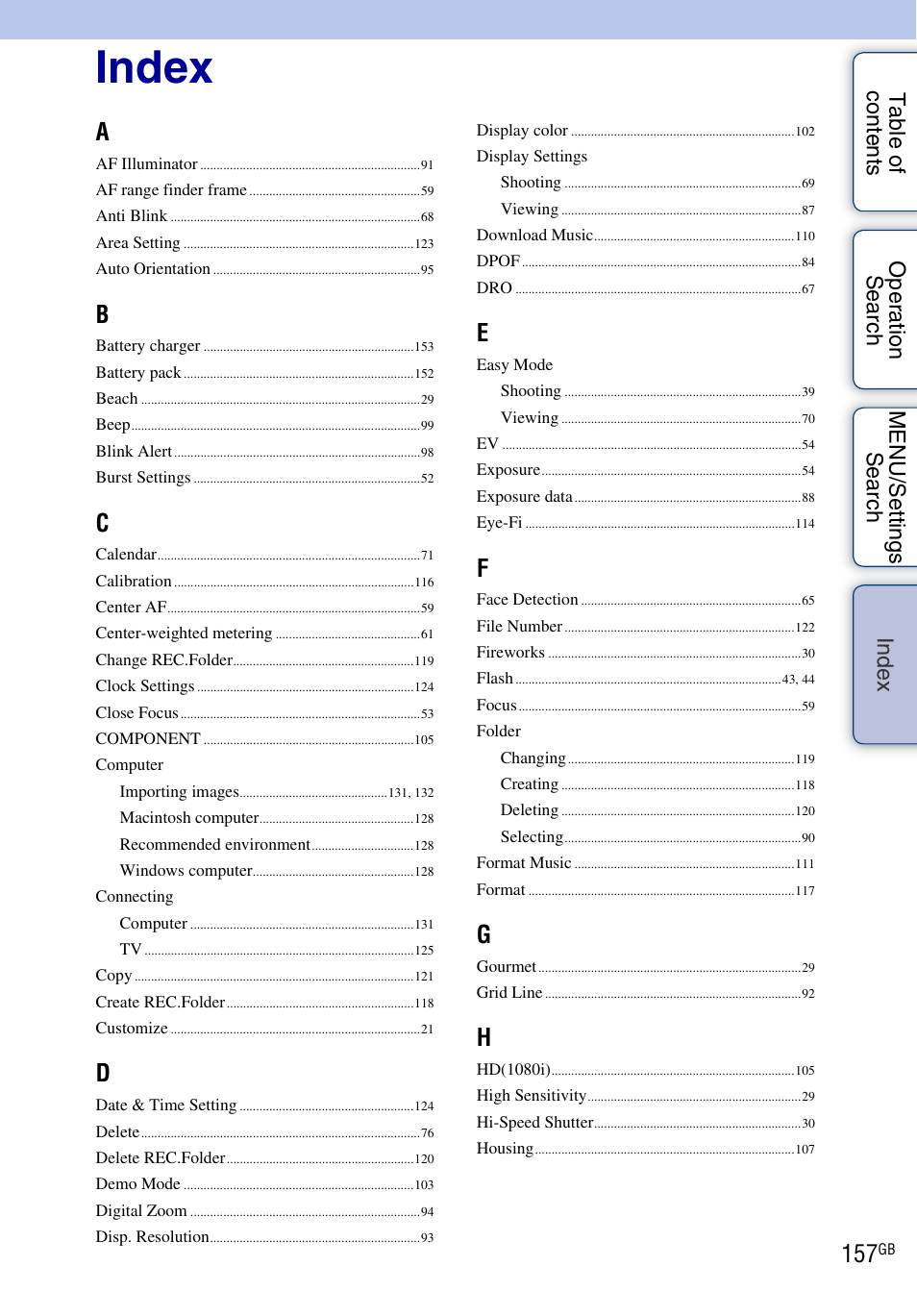 Index, De x | Sony DSC-T99 User Manual | Page 157 / 160