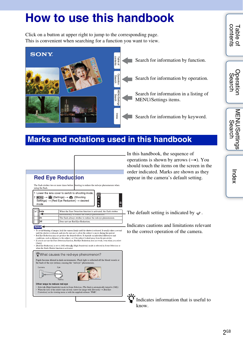 How to use this handbook, Marks and notations used in this handbook | Sony DSC-T99 User Manual | Page 2 / 160