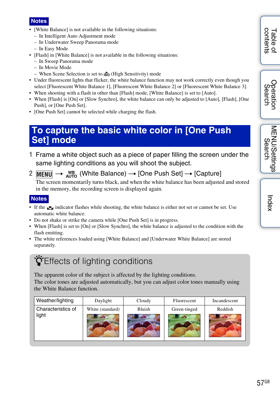 Effects of lighting conditions | Sony DSC-T99 User Manual | Page 57 / 160