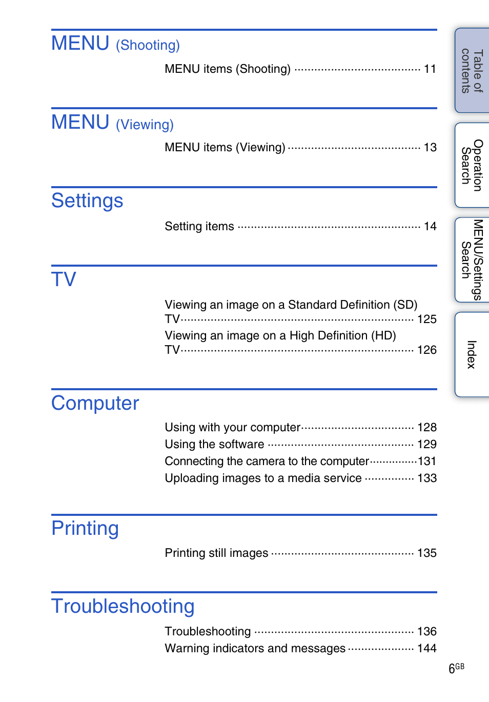 Menu, Settings, Computer | Printing, Troubleshooting | Sony DSC-T99 User Manual | Page 6 / 160
