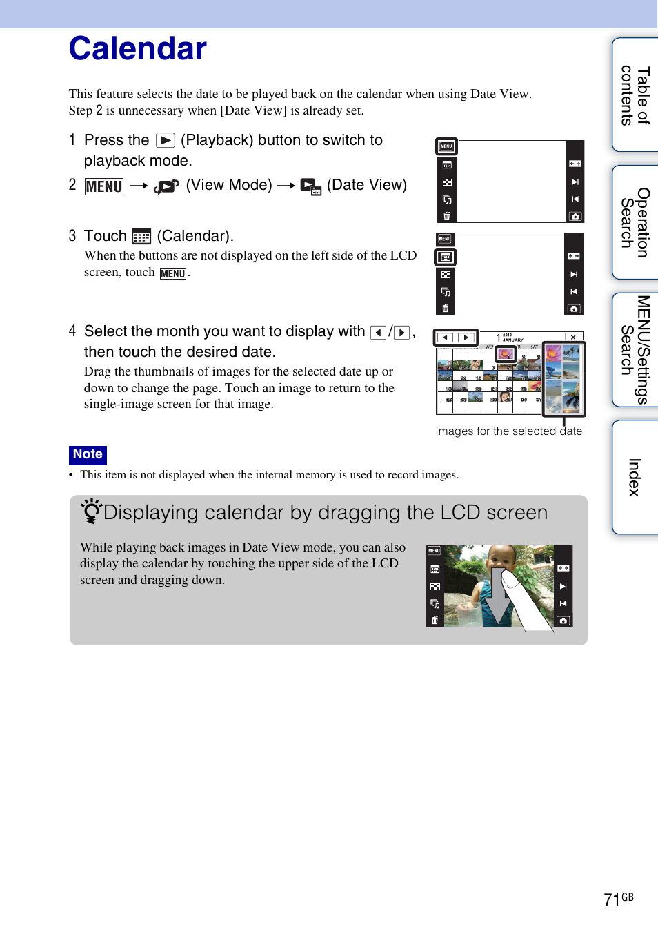 Calendar, Calendar), Displaying calendar by dragging the lcd screen | Sony DSC-T99 User Manual | Page 71 / 160