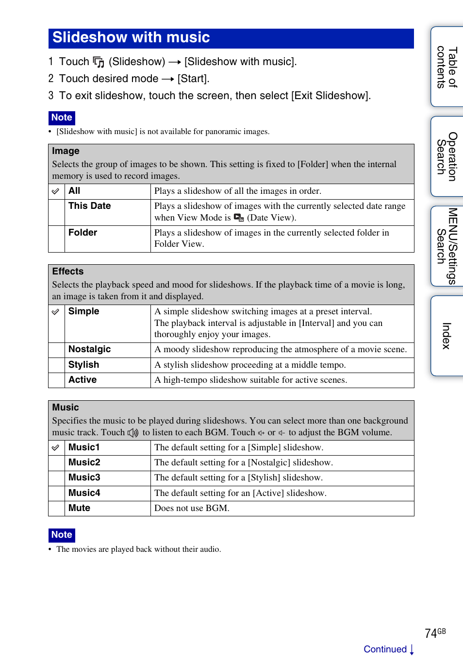 Slideshow with music | Sony DSC-T99 User Manual | Page 74 / 160