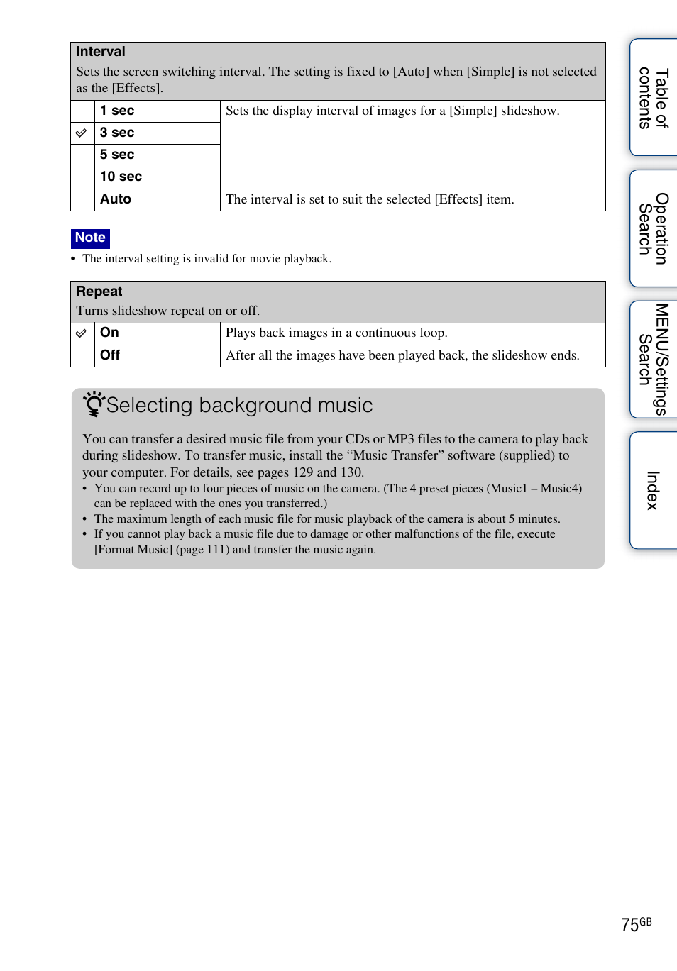 Selecting background music | Sony DSC-T99 User Manual | Page 75 / 160