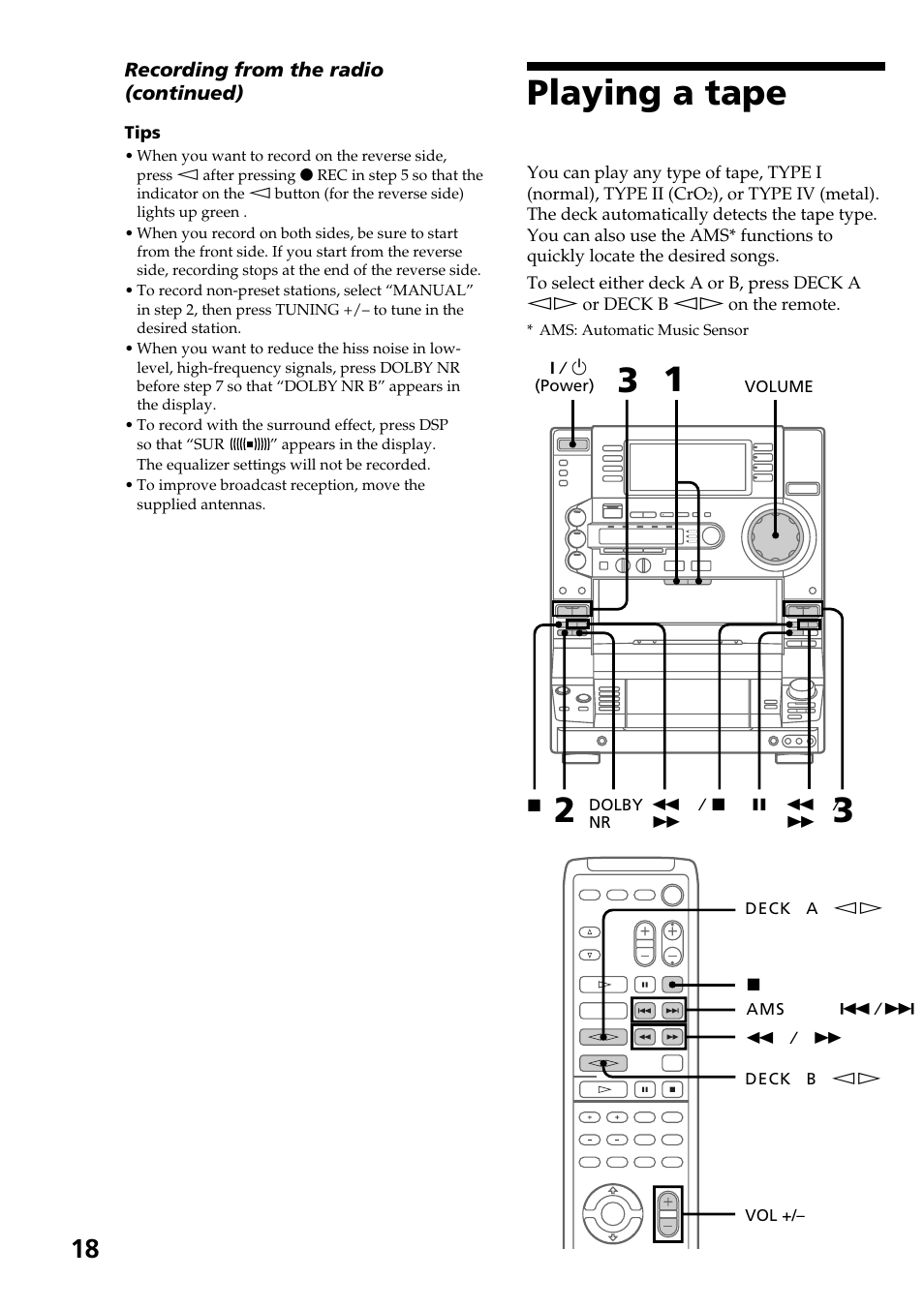 Playing a tape | Sony HCD-LX90AV User Manual | Page 18 / 60