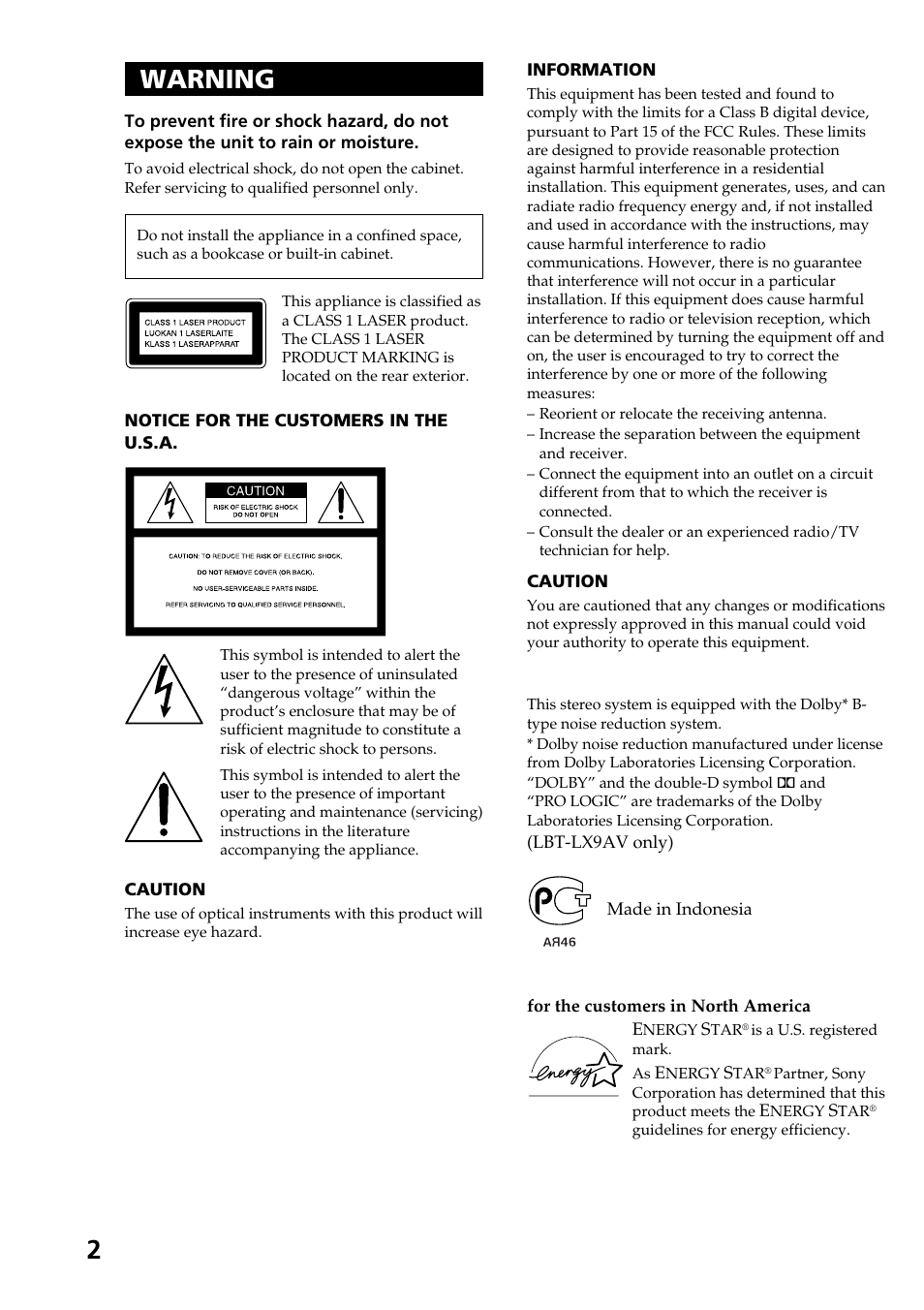 2warning | Sony HCD-LX90AV User Manual | Page 2 / 60