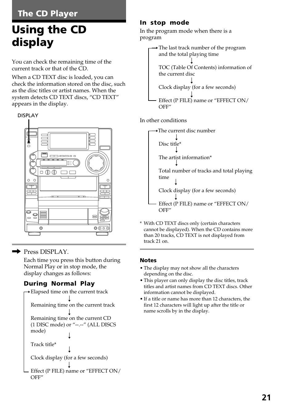 Using the cd display, The cd player | Sony HCD-LX90AV User Manual | Page 21 / 60