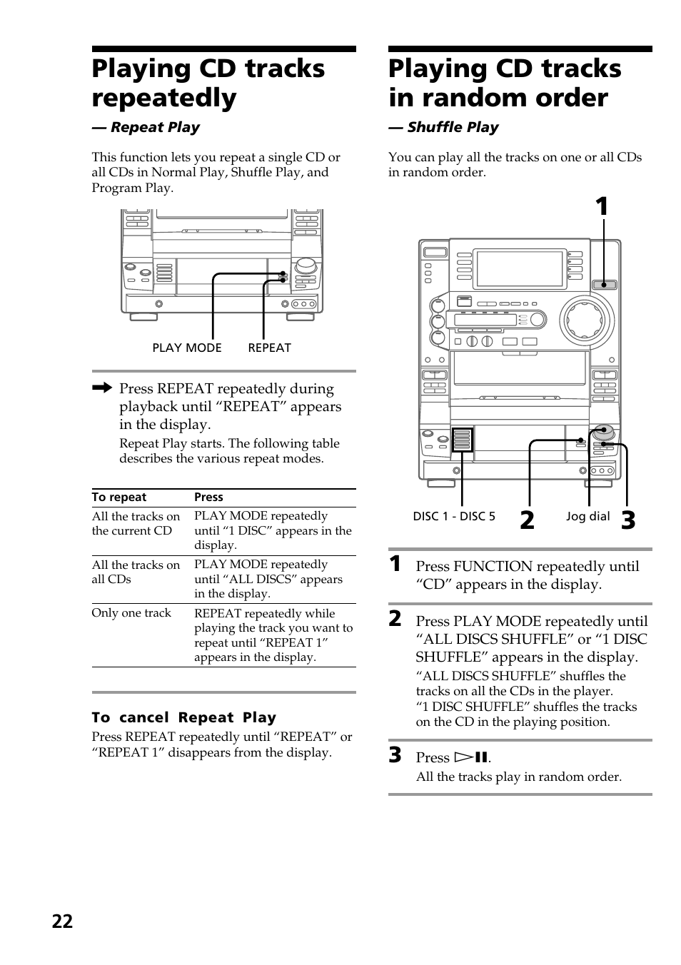 Playing cd tracks repeatedly, Playing cd tracks in random order | Sony HCD-LX90AV User Manual | Page 22 / 60