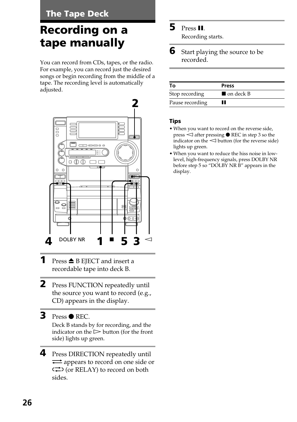 Recording on a tape manually, The tape deck | Sony HCD-LX90AV User Manual | Page 26 / 60