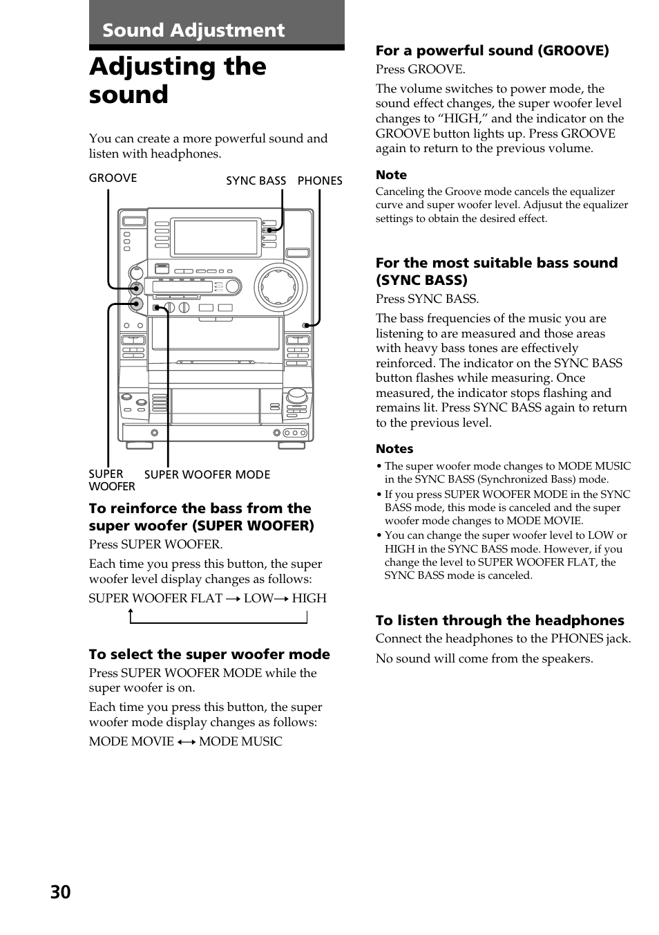 Adjusting the sound, Sound adjustment | Sony HCD-LX90AV User Manual | Page 30 / 60