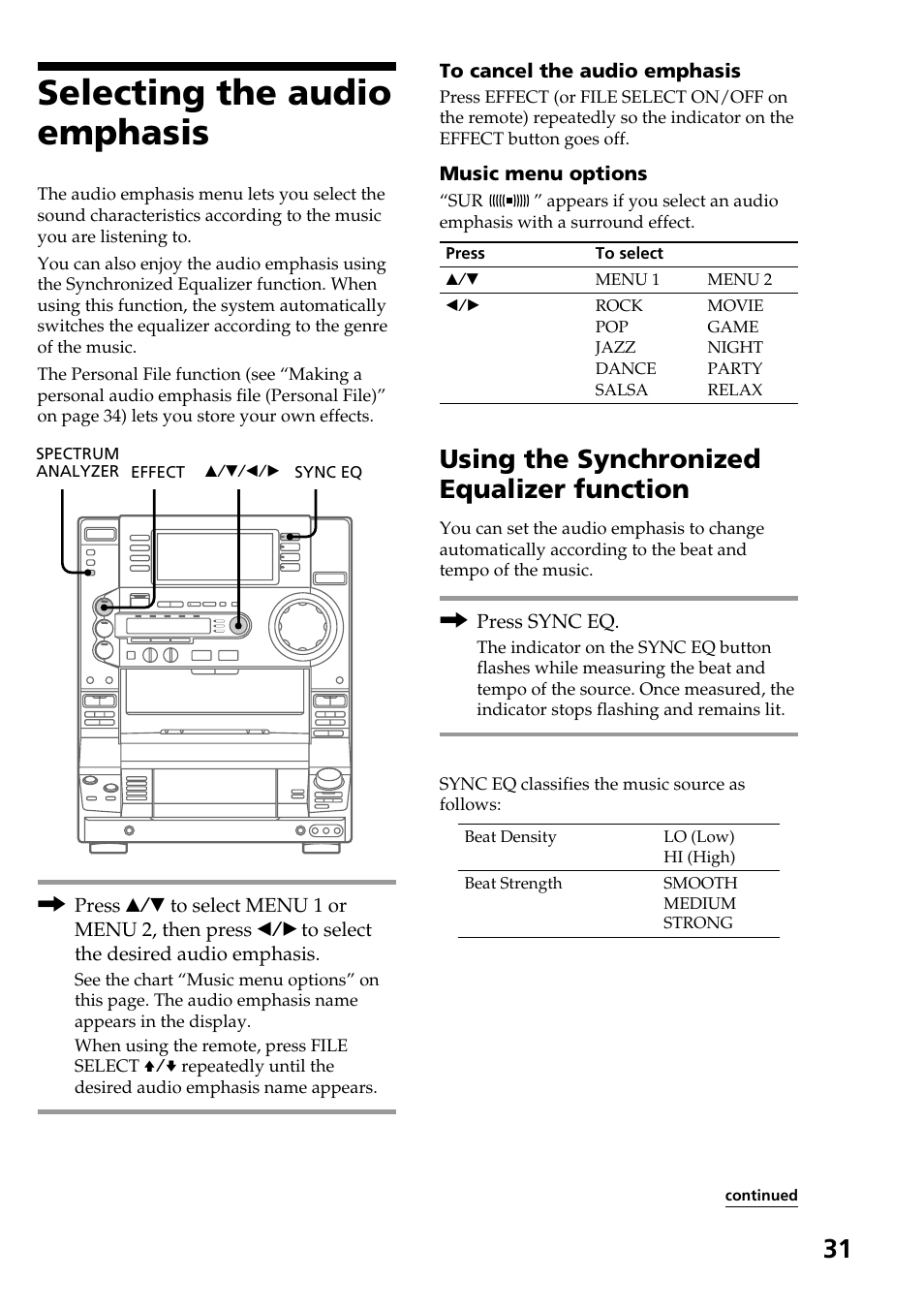 Selecting the audio emphasis, Using the synchronized equalizer function | Sony HCD-LX90AV User Manual | Page 31 / 60