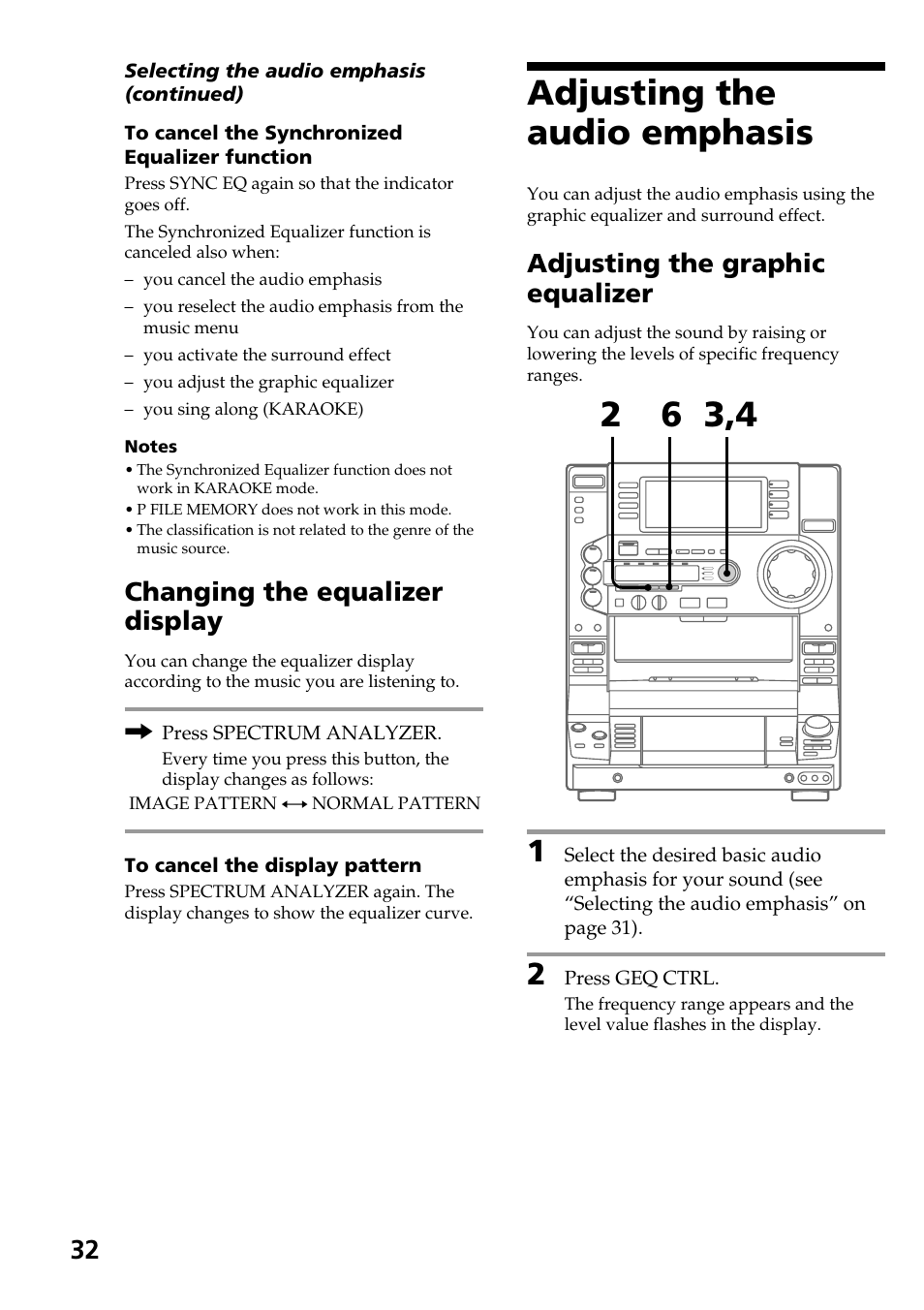 Adjusting the audio emphasis, Adjusting the graphic equalizer, Changing the equalizer display | Sony HCD-LX90AV User Manual | Page 32 / 60