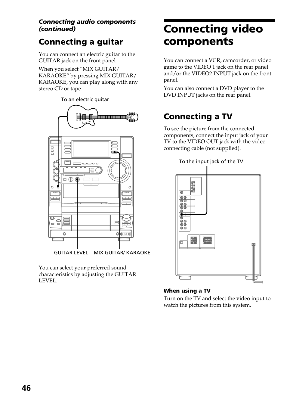Connecting video components, Connecting a tv, Connecting a guitar | Sony HCD-LX90AV User Manual | Page 46 / 60