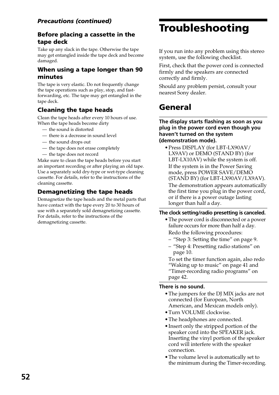 Troubleshooting, General | Sony HCD-LX90AV User Manual | Page 52 / 60