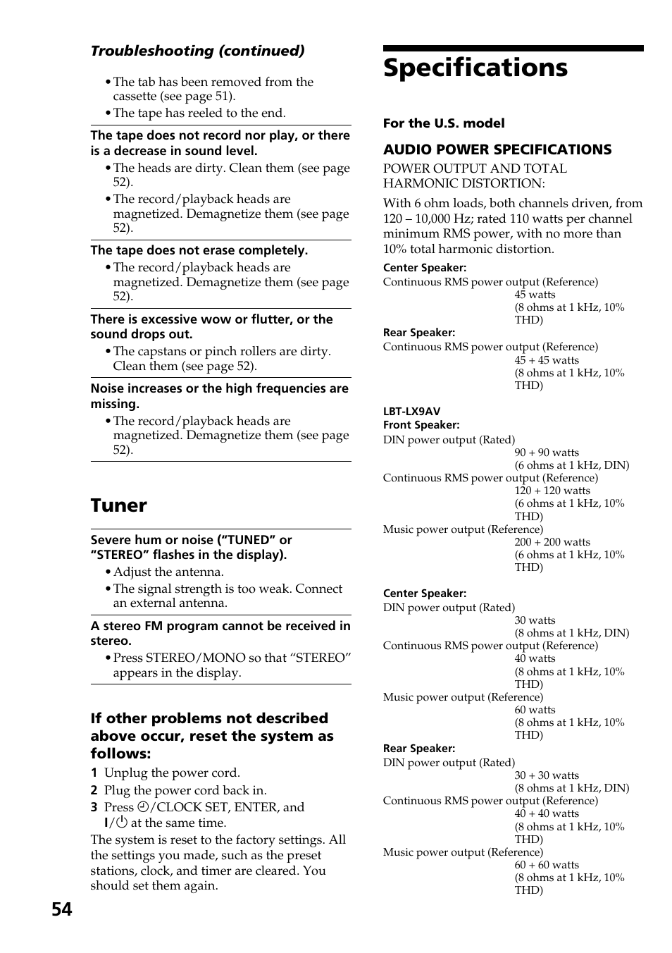 Specifications, Tuner | Sony HCD-LX90AV User Manual | Page 54 / 60