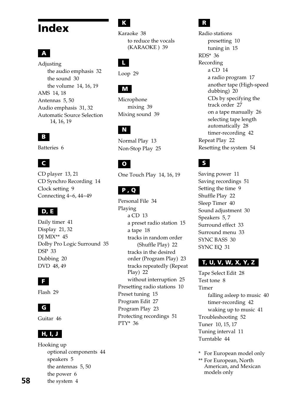Index | Sony HCD-LX90AV User Manual | Page 58 / 60