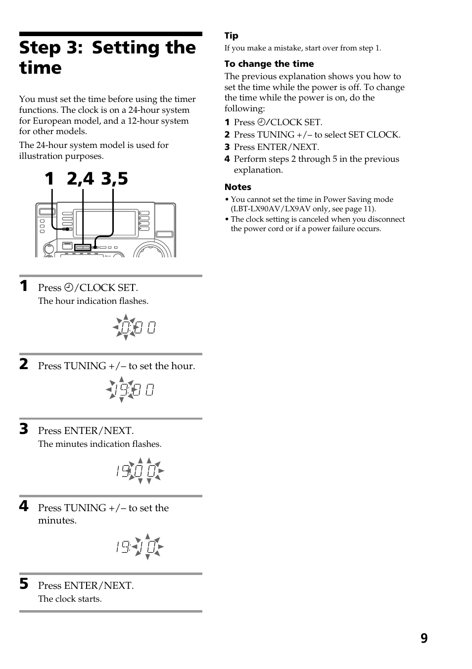 Step 3:setting the time, Step 3: setting the time | Sony HCD-LX90AV User Manual | Page 9 / 60