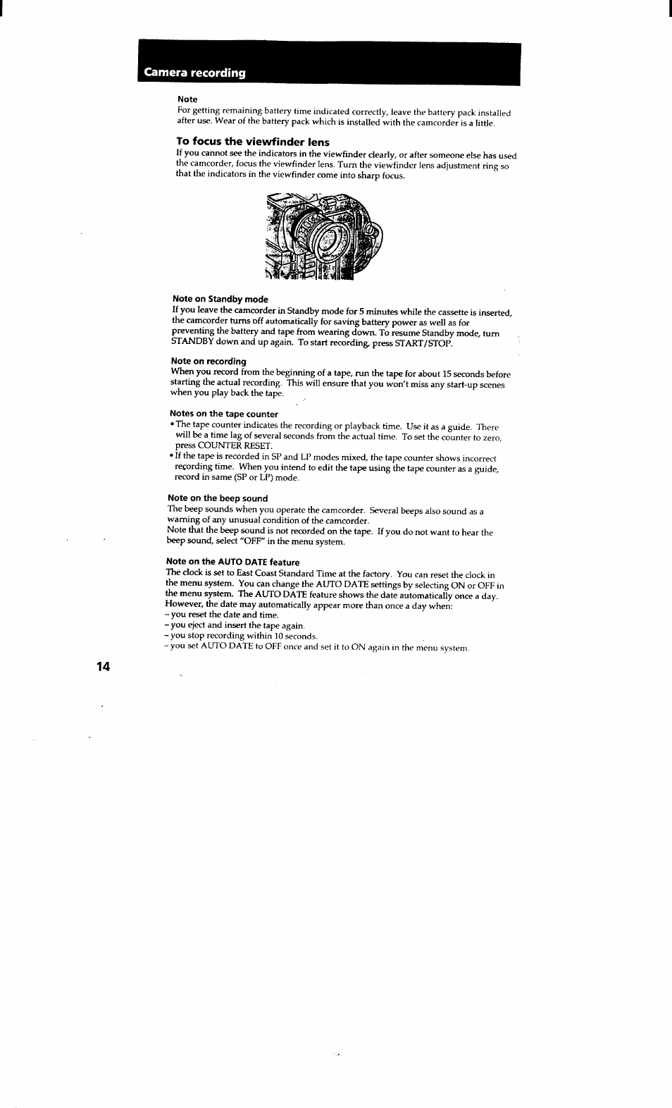 Note, To focus the viewfinder lens, Note on standby mode | Note on recording, Notes on the tape counter, Note on the beep sound, Note on the auto date feature, Camera recording | Sony CCD-TRV615 User Manual | Page 14 / 89