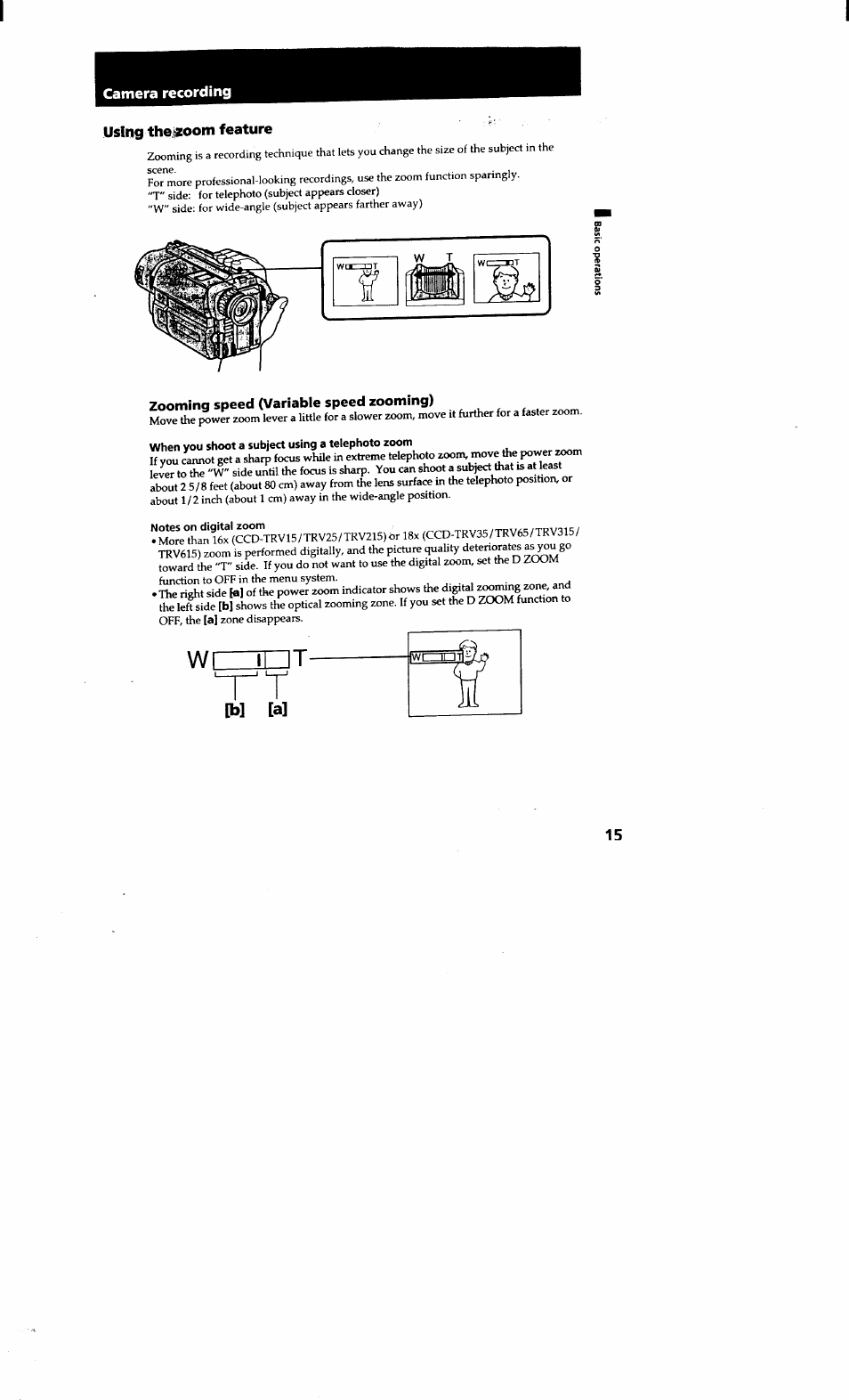 Zooming speed (variable speed zooming), When you shoot a subject using a telephoto zoom, Notes on digital zoom | Camera recording | Sony CCD-TRV615 User Manual | Page 15 / 89