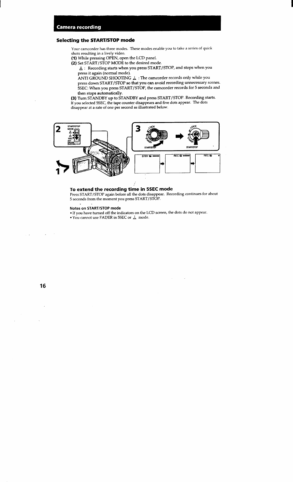 Selecting the start/stop mode, Camera recording | Sony CCD-TRV615 User Manual | Page 16 / 89