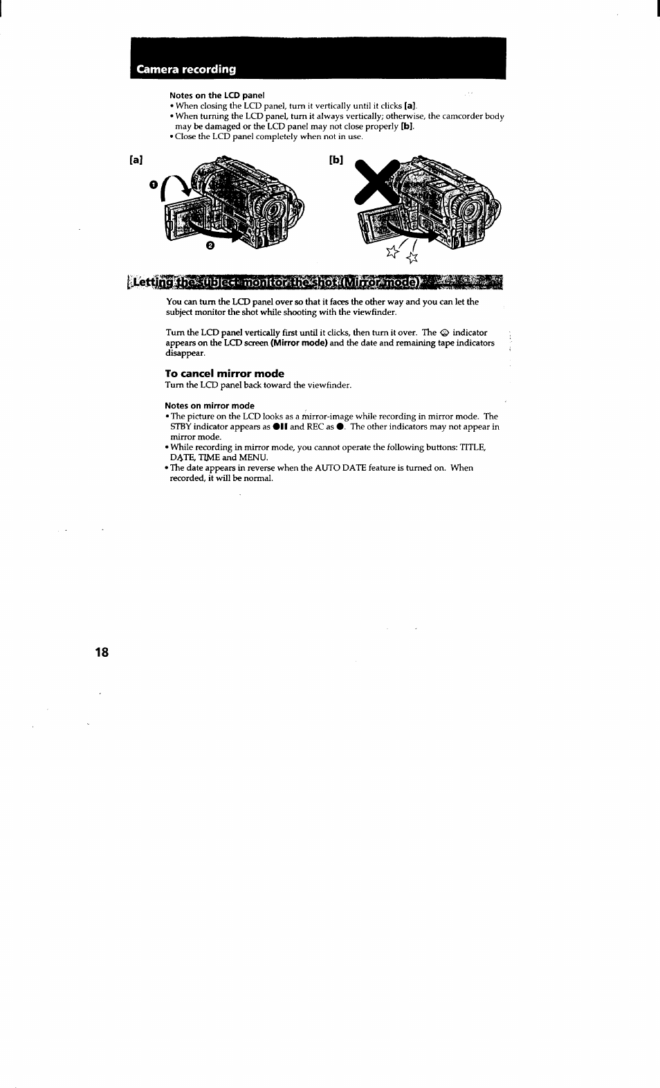 To cancel mirror mode, Camera recording | Sony CCD-TRV615 User Manual | Page 18 / 89