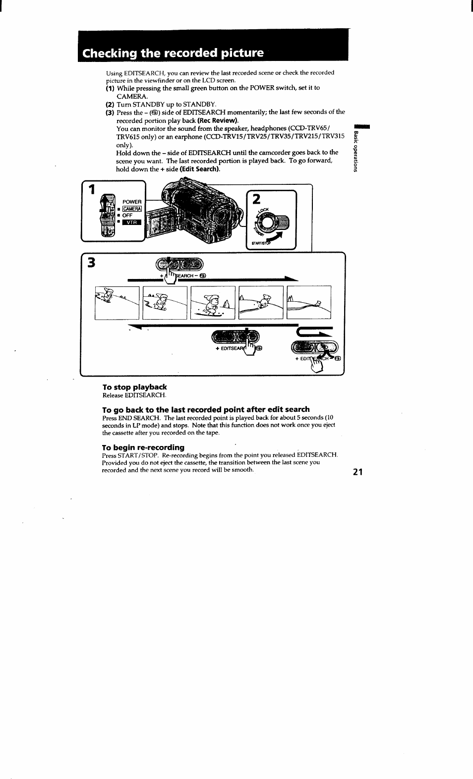 Checking the recorded picture, To stop playback, To begin re-recording | Sony CCD-TRV615 User Manual | Page 21 / 89