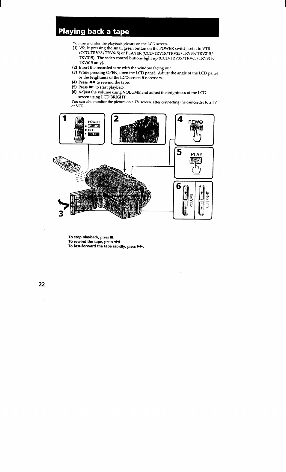 Playing back a tape, To stop playback, press | Sony CCD-TRV615 User Manual | Page 22 / 89