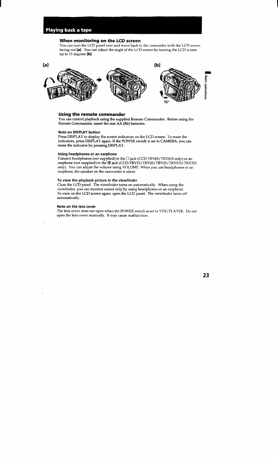 When monitoring on the lcd screen, Using the remote commander, Playing back a tape | Sony CCD-TRV615 User Manual | Page 23 / 89