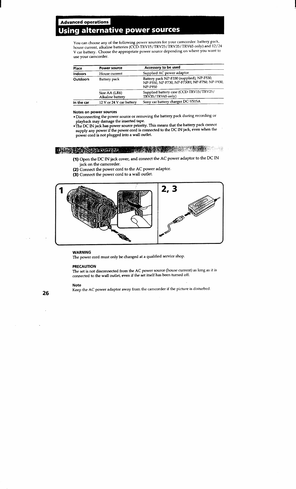 Using alternative power sources, Notes on power sources, Warning | Precaution, Note, Using alternative power'sources | Sony CCD-TRV615 User Manual | Page 26 / 89