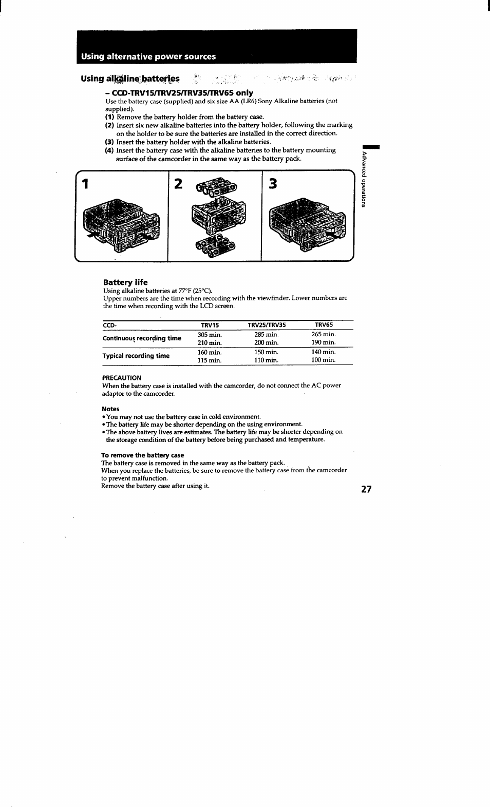 Using aljl^line'liattejrtjes, Ccd-trv15/trv25n^rv35/trv65 only, Battery life | Precaution, Notes, To remove the battery case, Using alternative power sources | Sony CCD-TRV615 User Manual | Page 27 / 89