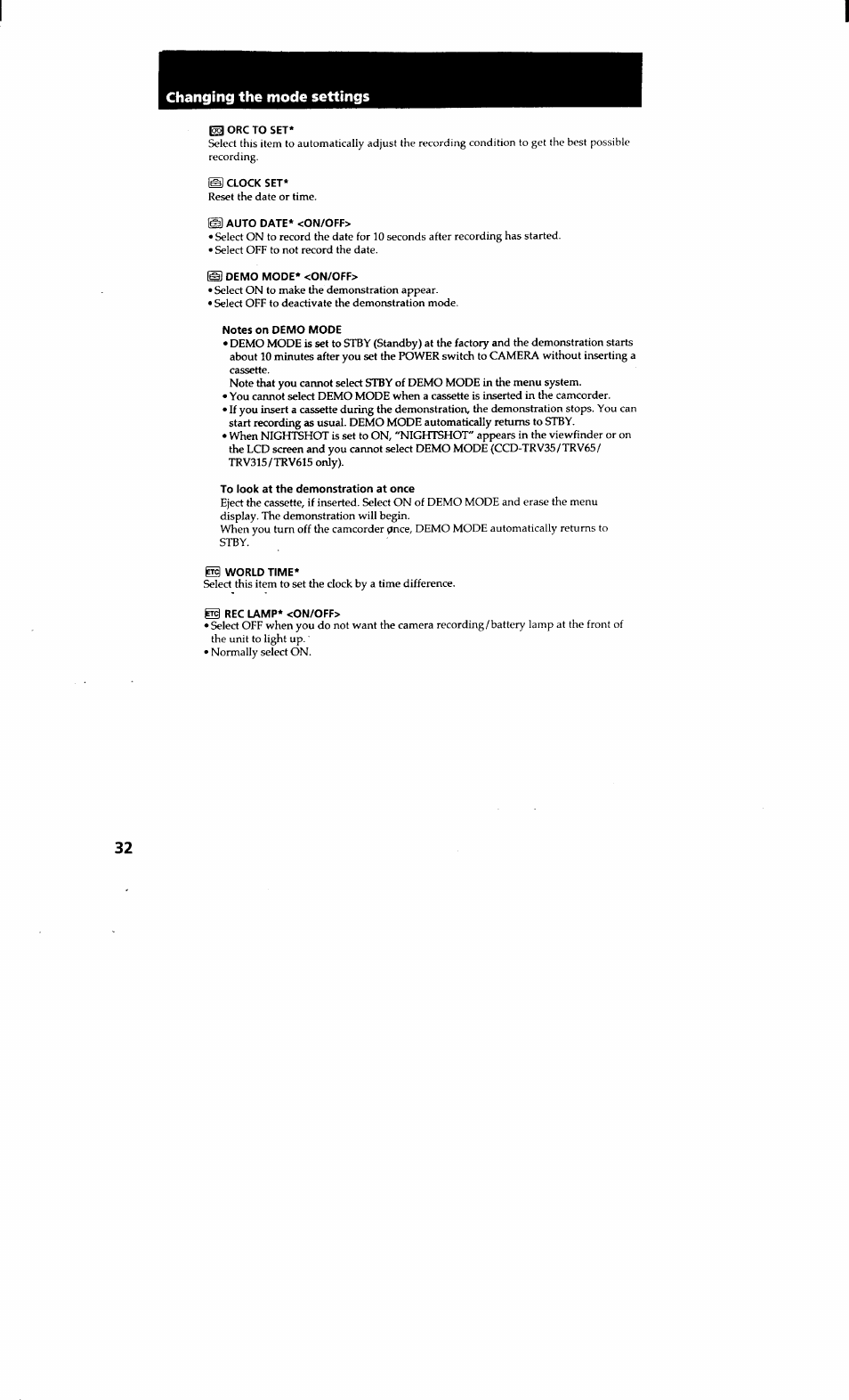 Changing the mode settings | Sony CCD-TRV615 User Manual | Page 32 / 89