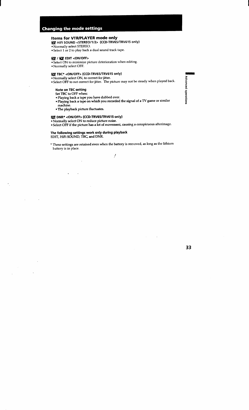 Items for vtr/player mode only, Changing the mode settings | Sony CCD-TRV615 User Manual | Page 33 / 89