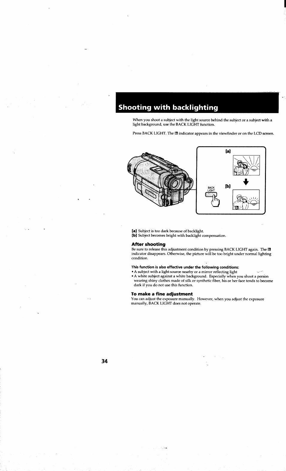 Shooting with backlighting, After shooting, To make a fine adjustment | Sony CCD-TRV615 User Manual | Page 34 / 89