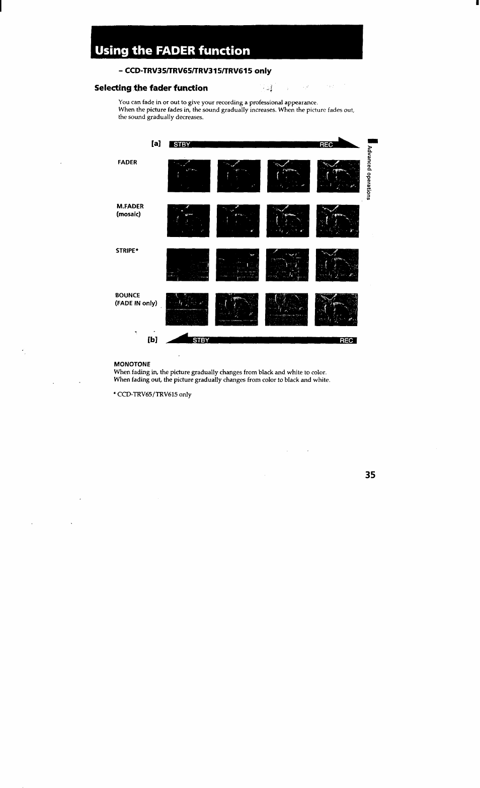 Using the fader function | Sony CCD-TRV615 User Manual | Page 35 / 89