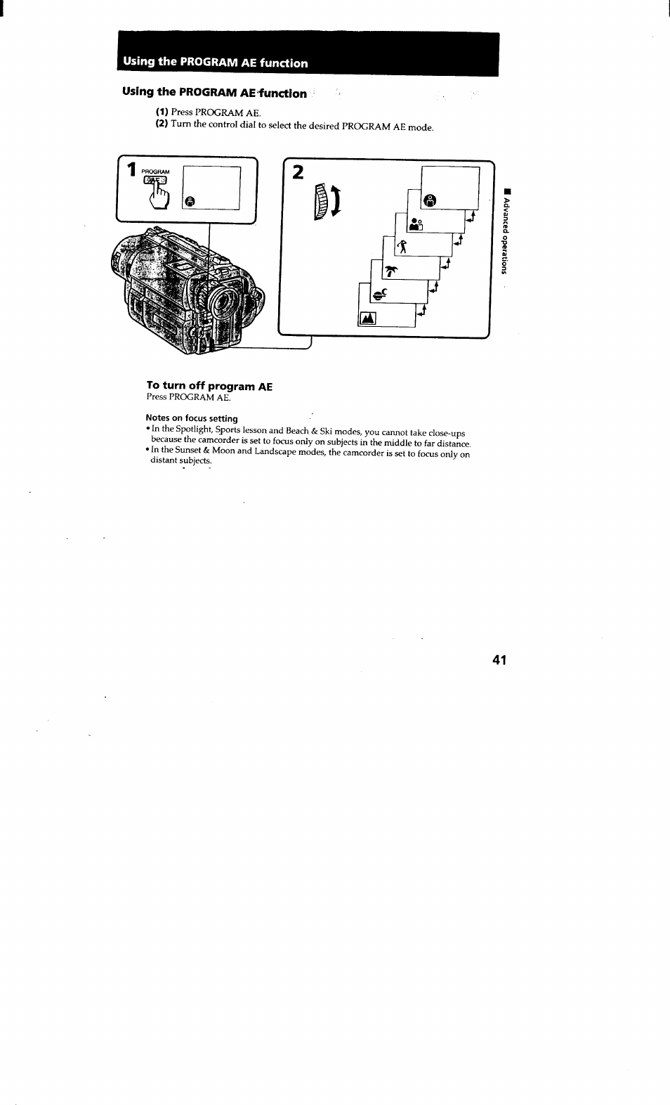 Using the program ae function, To turn off program ae | Sony CCD-TRV615 User Manual | Page 41 / 89