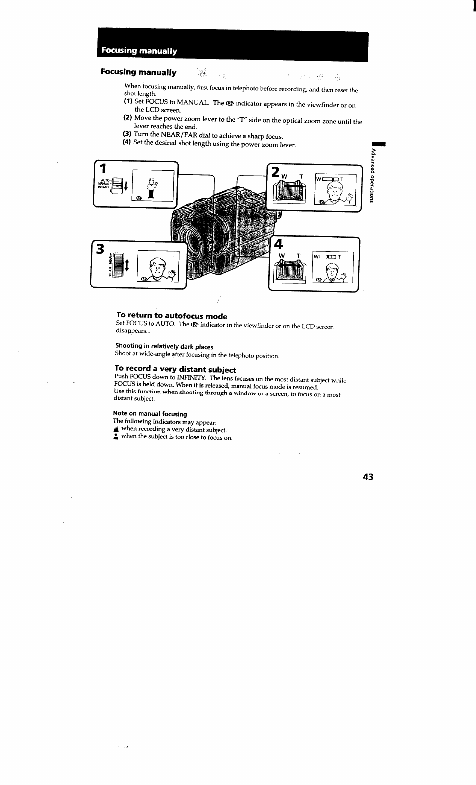 Focusing manually fr, To return to autofocus mode, Shooting in relatively dark places | To record a very distant subject, Note on manual focusing, Focusing manually | Sony CCD-TRV615 User Manual | Page 43 / 89
