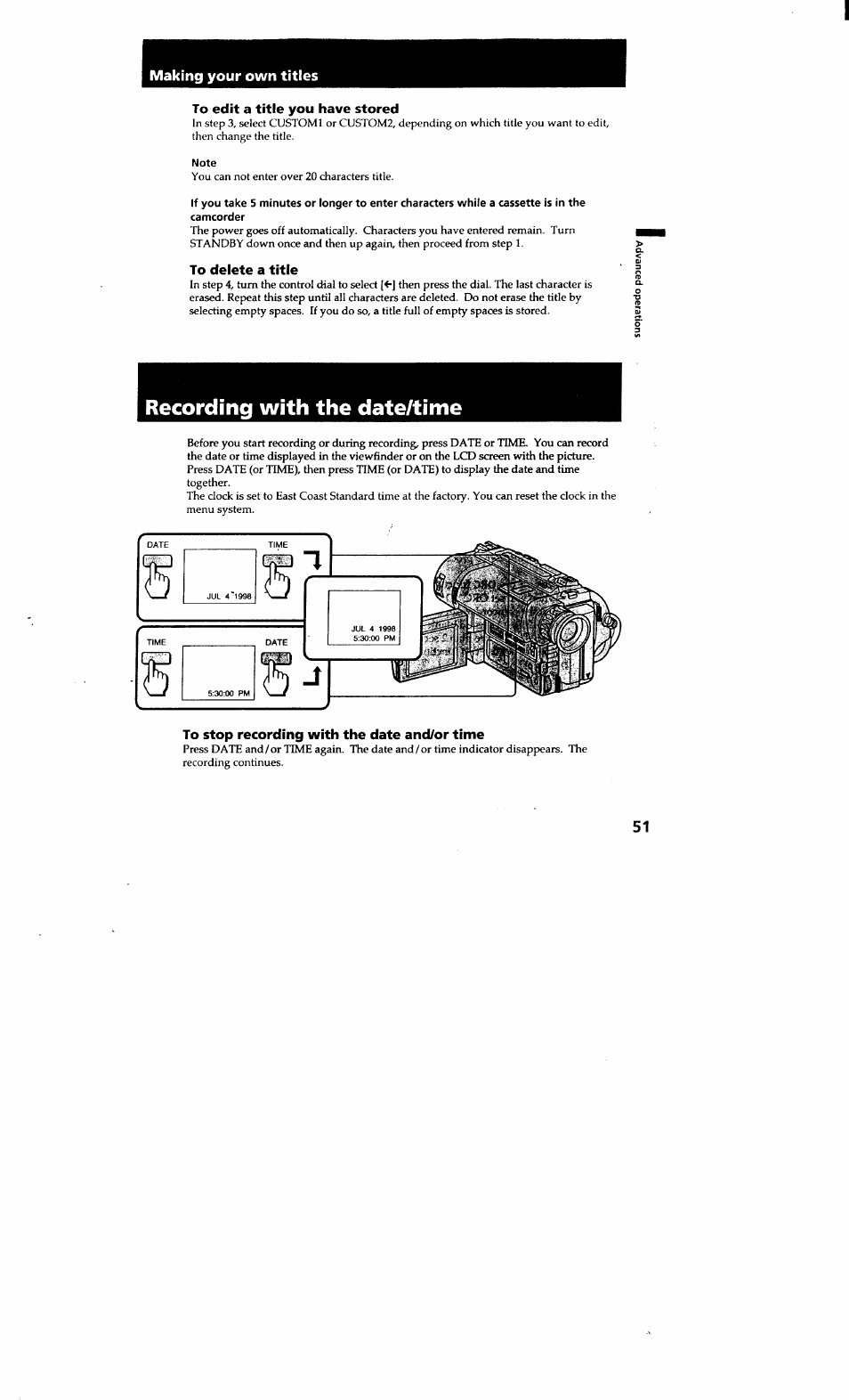 Making your own titles, To edit a title you have stored, To delete a title | Recording with the date/time, To stop recording with the date and/or time | Sony CCD-TRV615 User Manual | Page 51 / 89