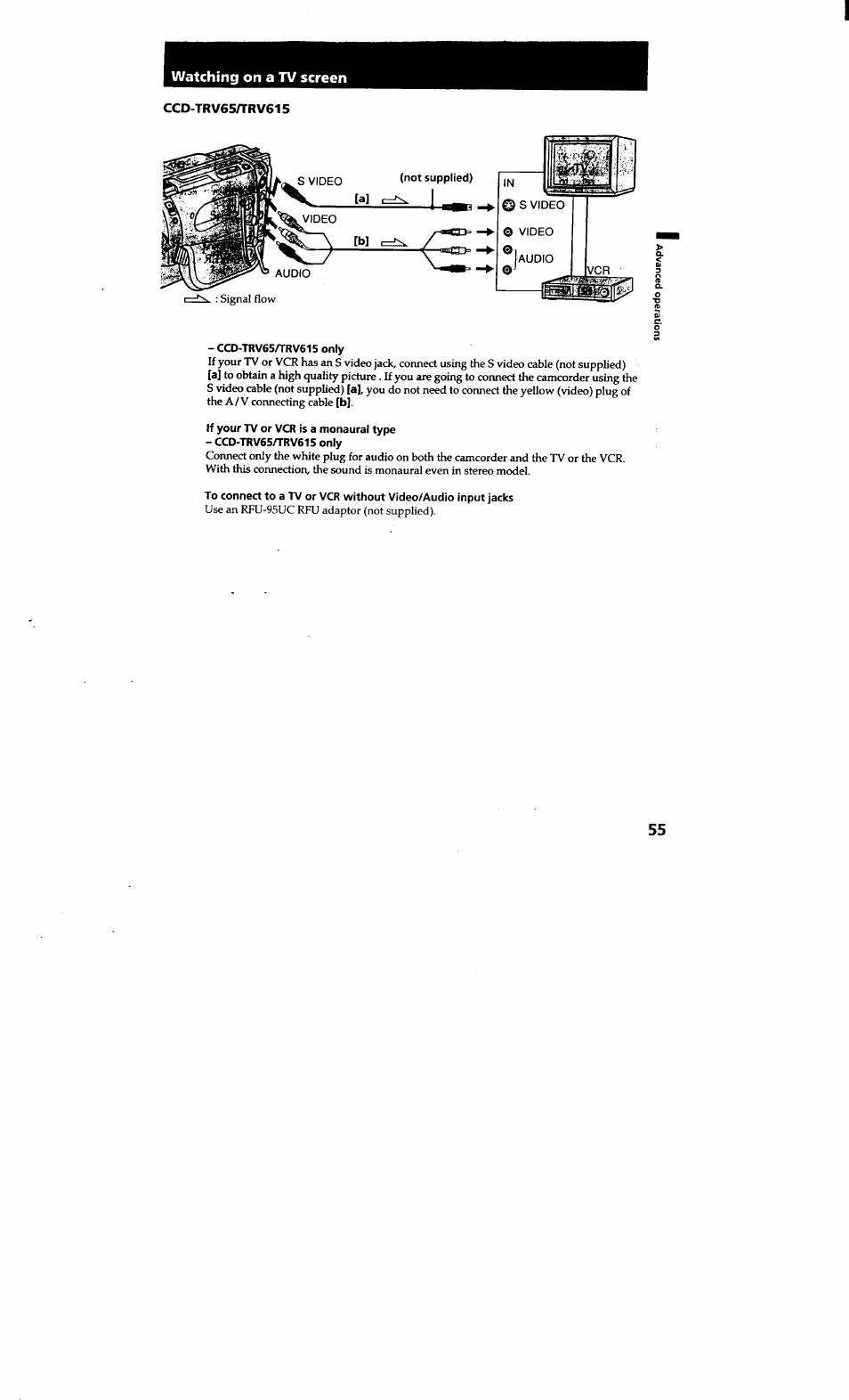 S video supplied), Ccd-trv65/trv615 only, If your tv or vcr is a monaural type | Ccd-trv65/trv615 only), Watching on a tv screen | Sony CCD-TRV615 User Manual | Page 55 / 89