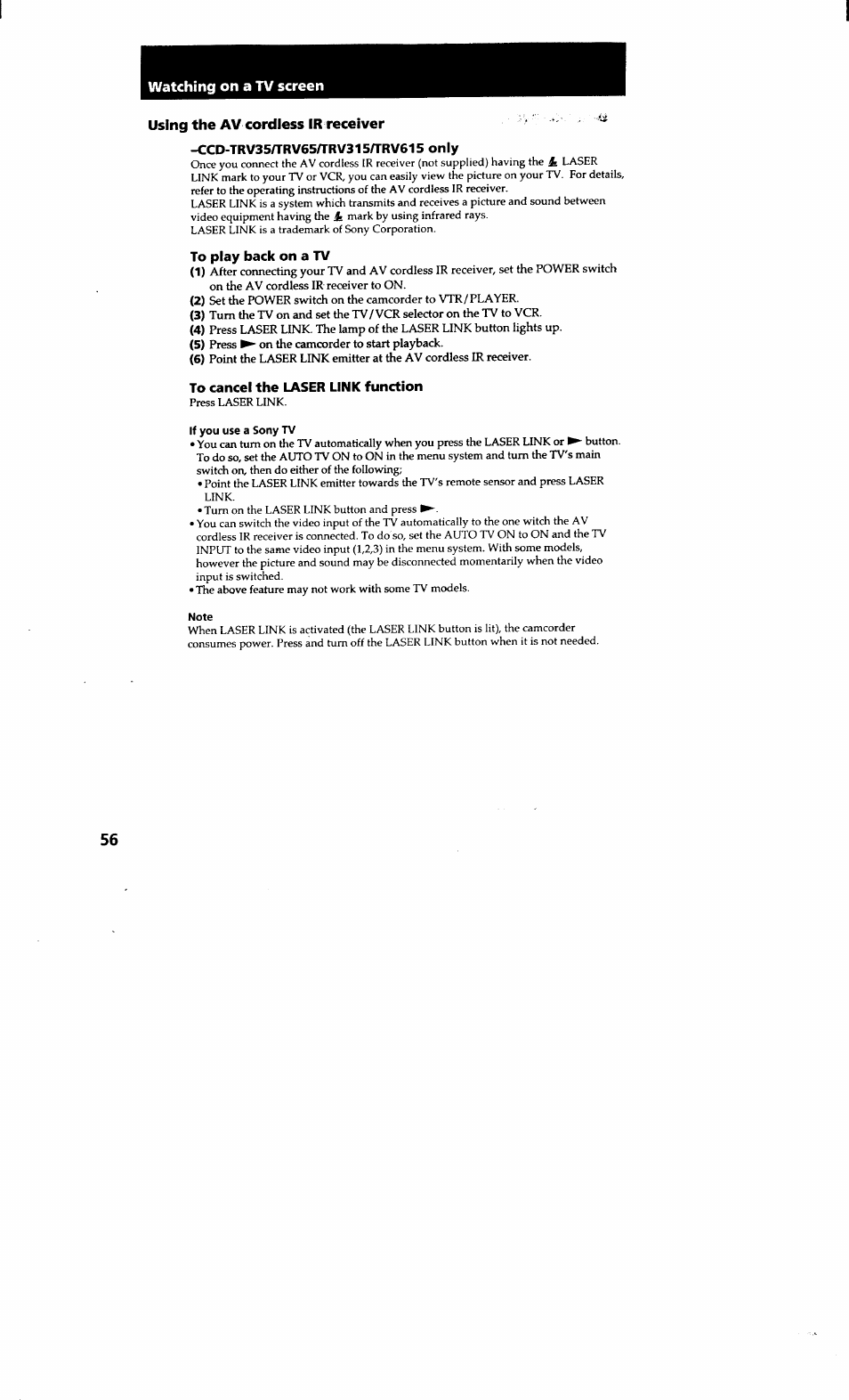 Using the av cordless ir receiver, Watching on a tv screen | Sony CCD-TRV615 User Manual | Page 56 / 89