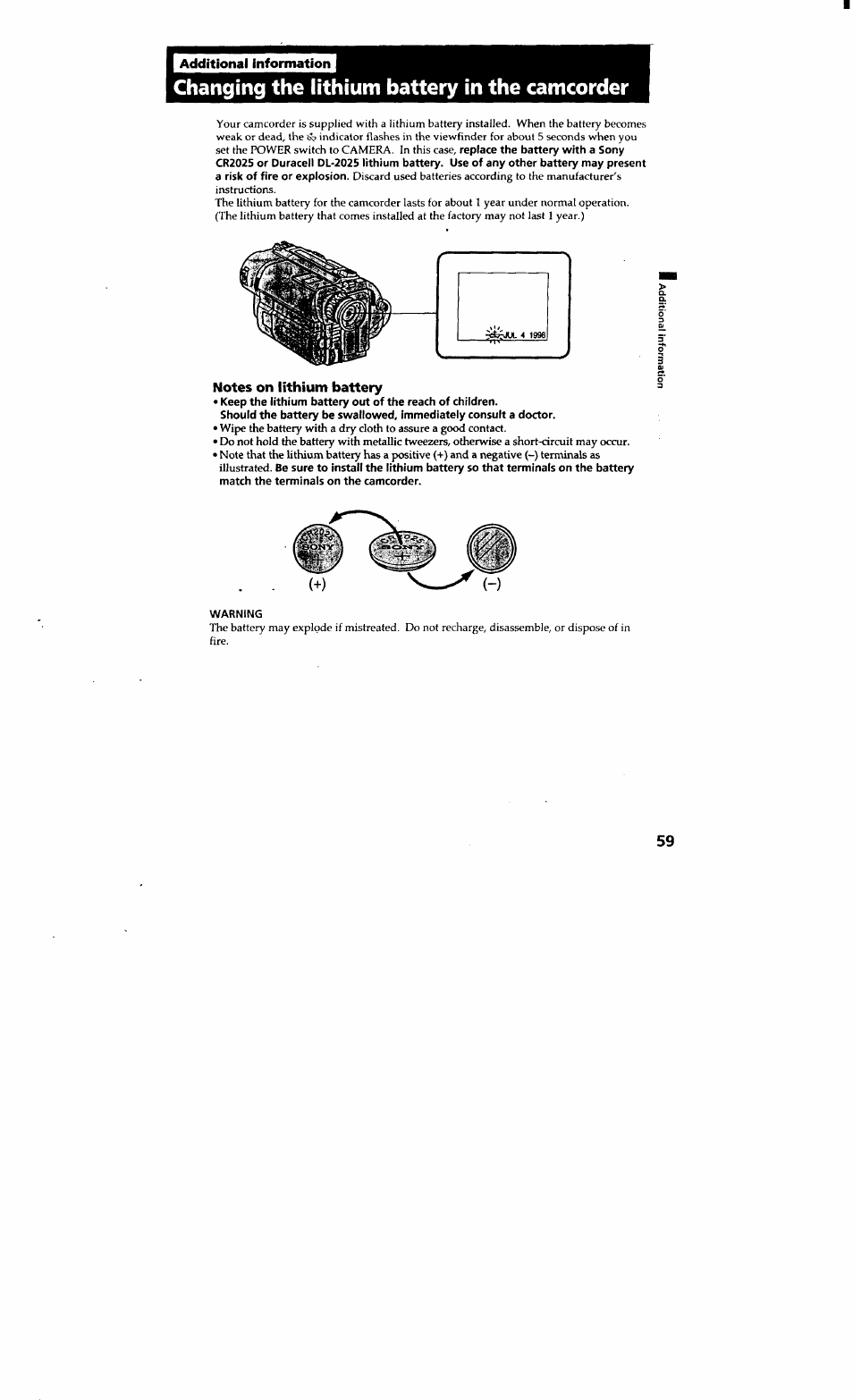 Additional information, Changing the lithium battery in the camcorder, Notes on lithium battery | Sony CCD-TRV615 User Manual | Page 59 / 89