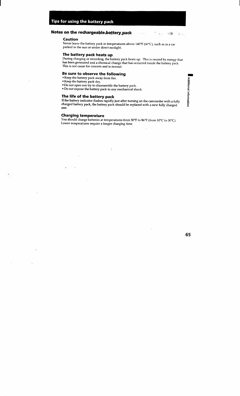 Caution, The battery pack heats up, Be sure to observe the following | The life of the battery pack, Charging temperature | Sony CCD-TRV615 User Manual | Page 65 / 89