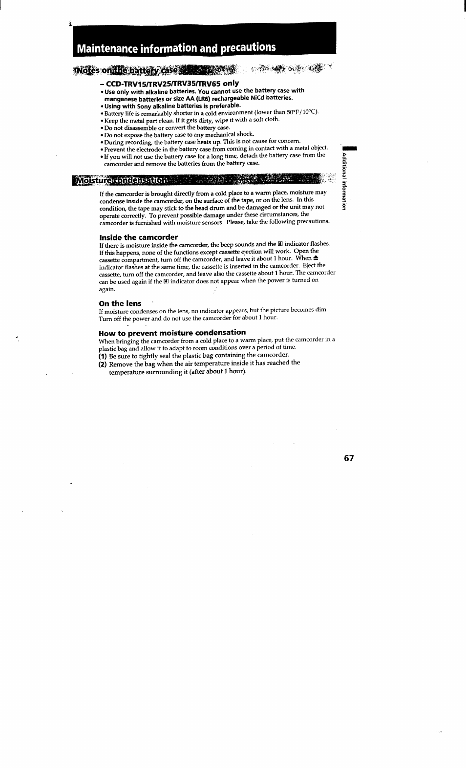Maintenance information and precautions, Ccd-trv15/trv25atrv35/trv65 only, Inside the camcorder | On the lens, How to prevent moisture condensation | Sony CCD-TRV615 User Manual | Page 67 / 89