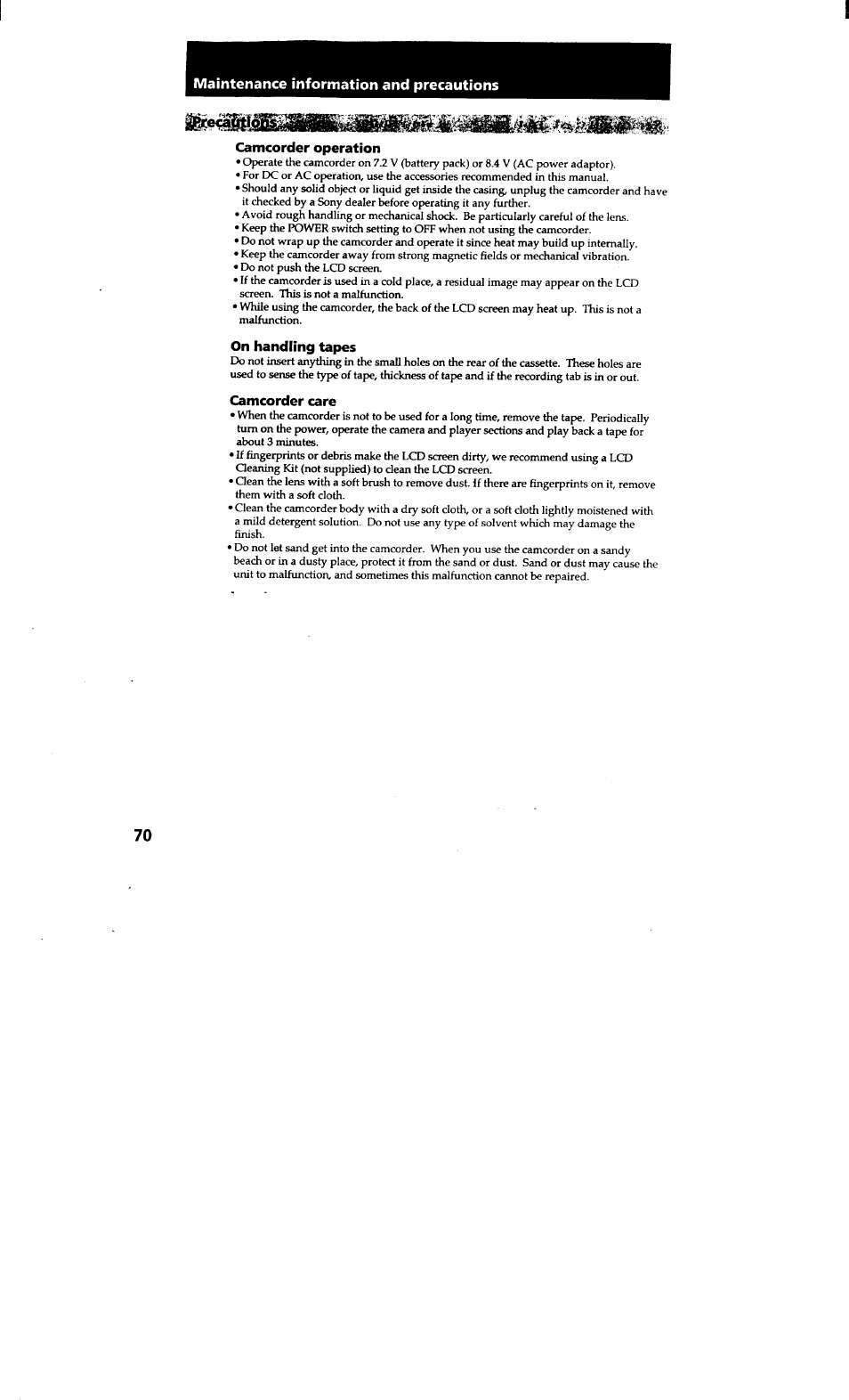 Camcorder operation, On handling tapes, Camcorder care | Maintenance information and precautions | Sony CCD-TRV615 User Manual | Page 70 / 89