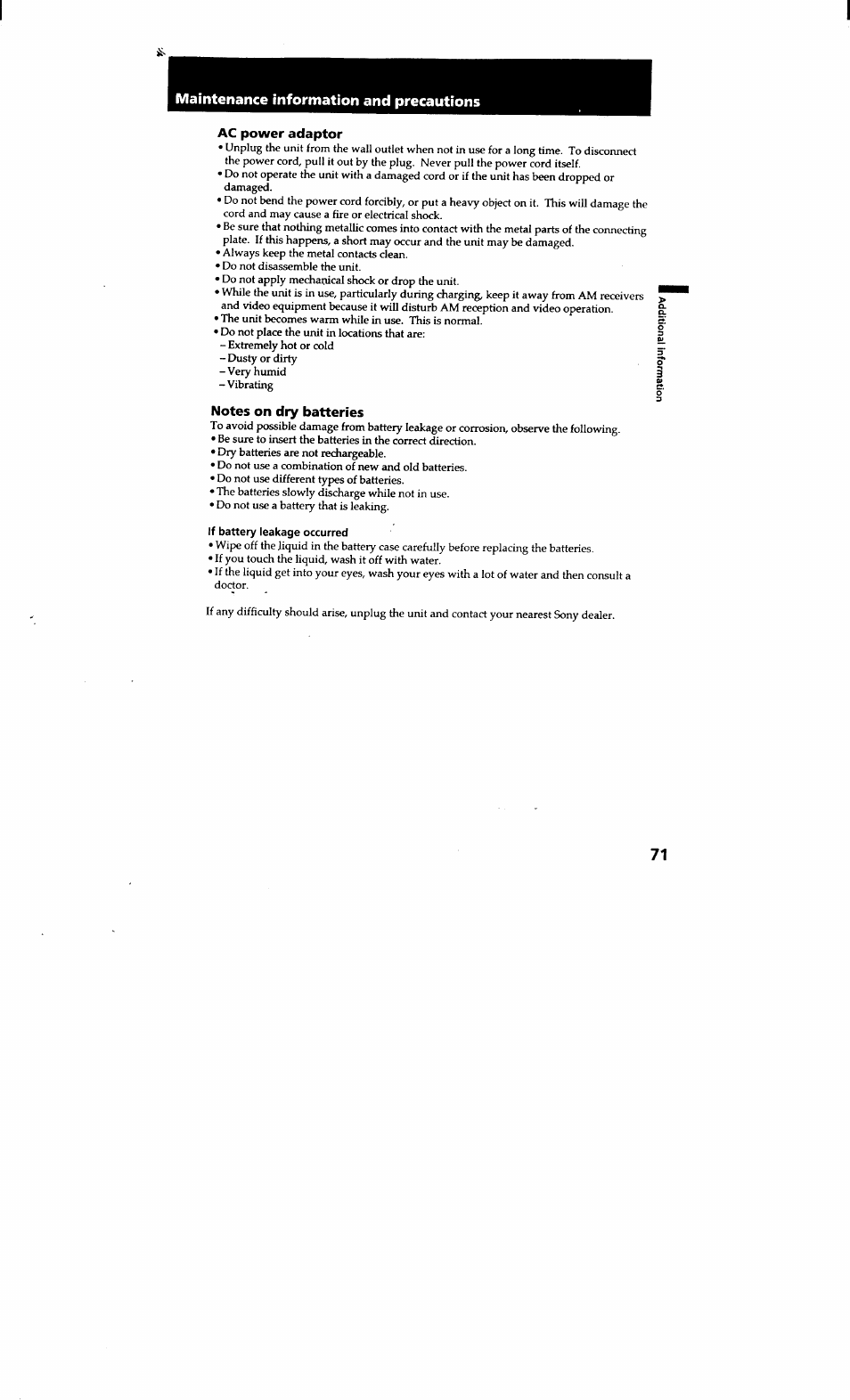 Ac power adaptor, Notes on dry batteries, If battery leakage occurred | Maintenance information and precautions | Sony CCD-TRV615 User Manual | Page 71 / 89