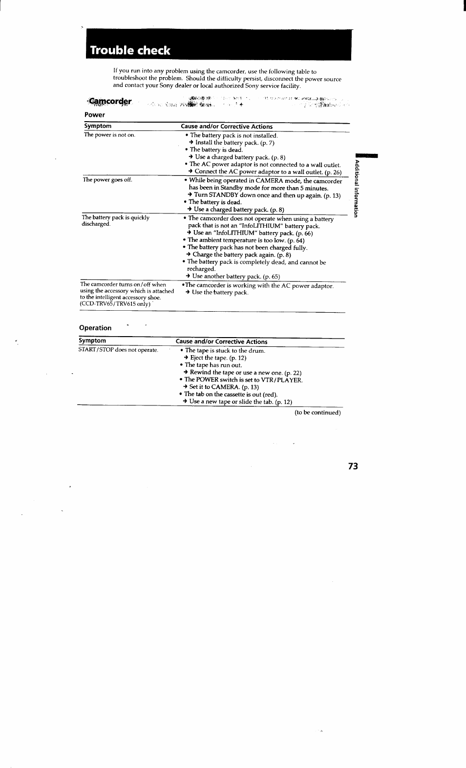 Trouble check | Sony CCD-TRV615 User Manual | Page 73 / 89